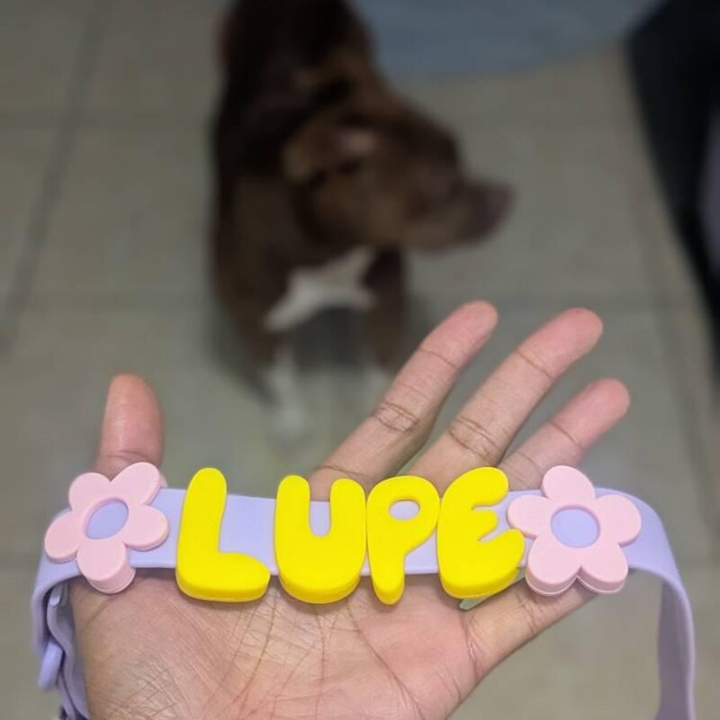 Lavender Pupora collar with yellow LUPE letters and pastel flower charms
