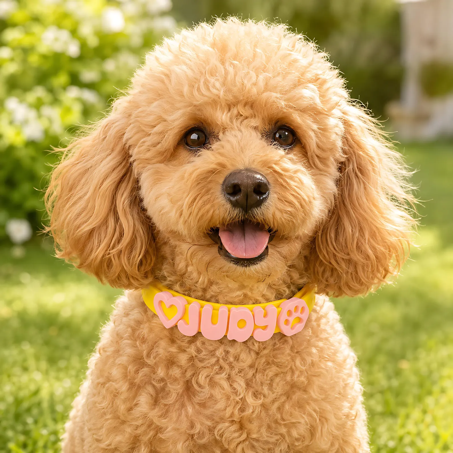 Happy puppy wearing a personalized pink Pupora collar with the name Judy